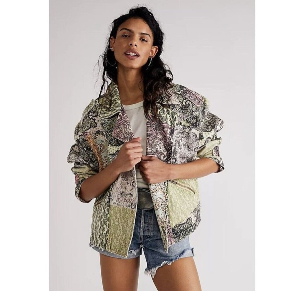 FREE PEOPLE Nadia Moto Jacket Top Pierced Mix Print Paisley Slouchy